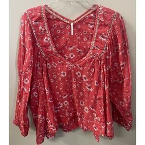 Free People Size Small Never A Dull Moment Peasant Top Floral Boho Red Oversized